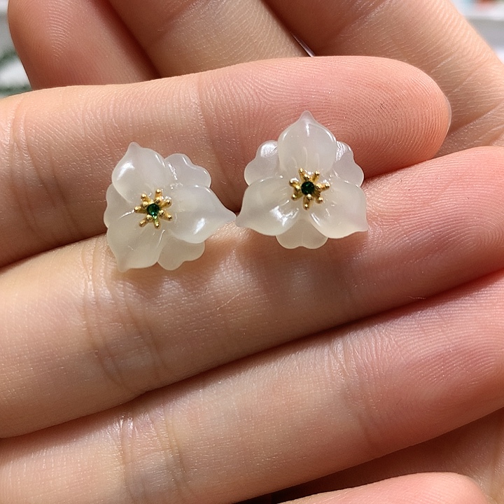 银S925镀金镶嵌和田玉（白玉）耳饰豆***1