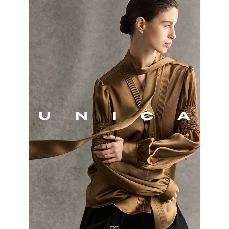 UNICA/新古典主义浮雕蕾丝斯马克抽褶_醋酸多穿法飘带领衬衫上衣