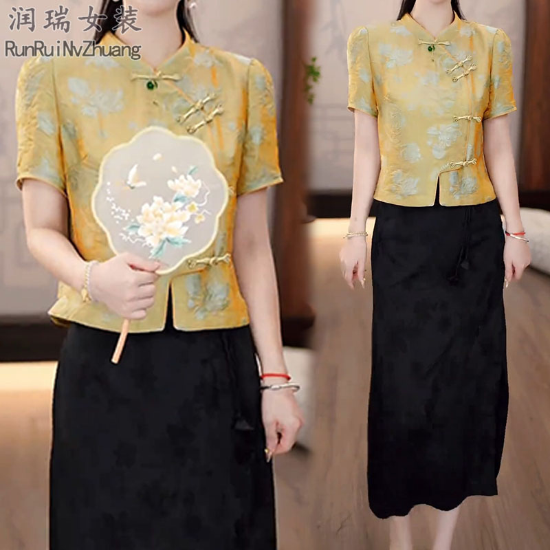 新中式国风盘扣套装女2025夏季新款妈妈复古短袖上衣半身裙两件套