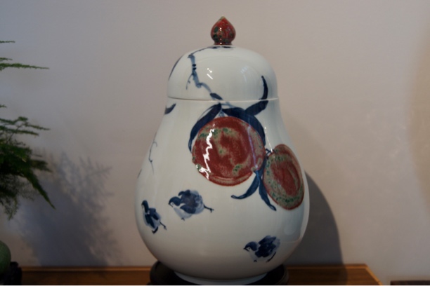 易炎窑原创手工手绘原矿气窑高温烧青花釉里红大号存茶罐摆件储物