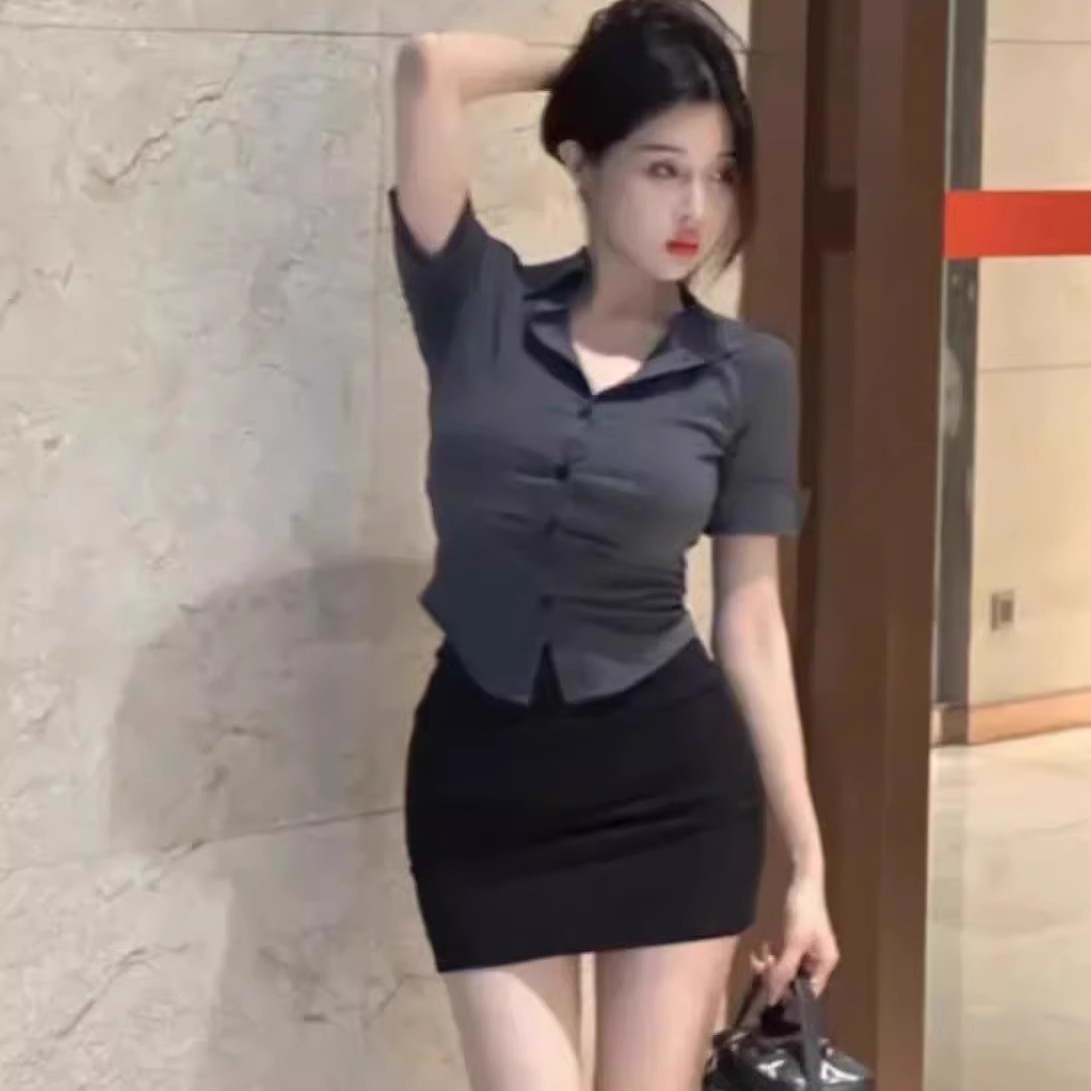 职业工作服收腰白衬衫女夏设计感修身性感秘书短袖衬衣OL制服套装