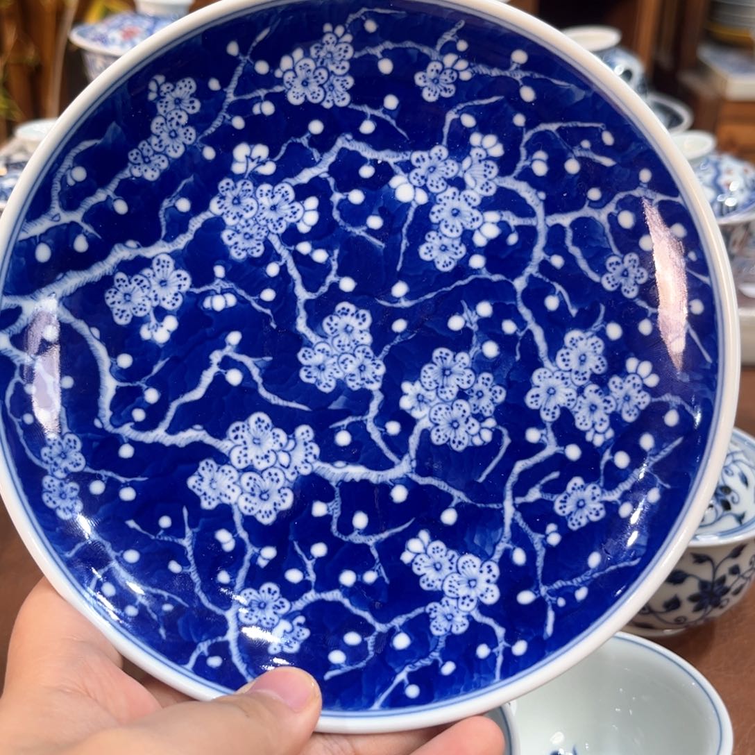 手工手绘柴窑青花蓝底冰梅壶承