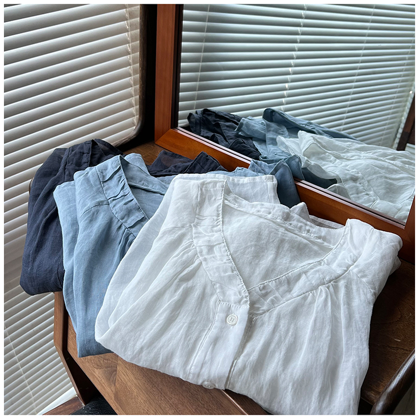 清凉感~轻薄款褶皱V领宽松小飞袖苎麻衬衫女夏季短袖小衫