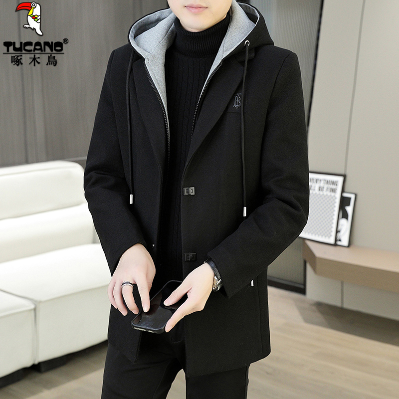 TUCANO/啄木鳥男士休闲连帽毛呢中长款加绒加厚韩版呢子潮流修身