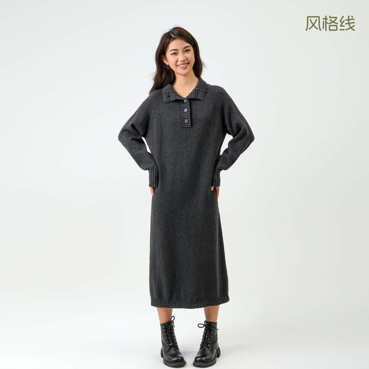 本依凡冬款大翻领中长连衣裙WSSLQ0443纯色百搭针织裙直筒型