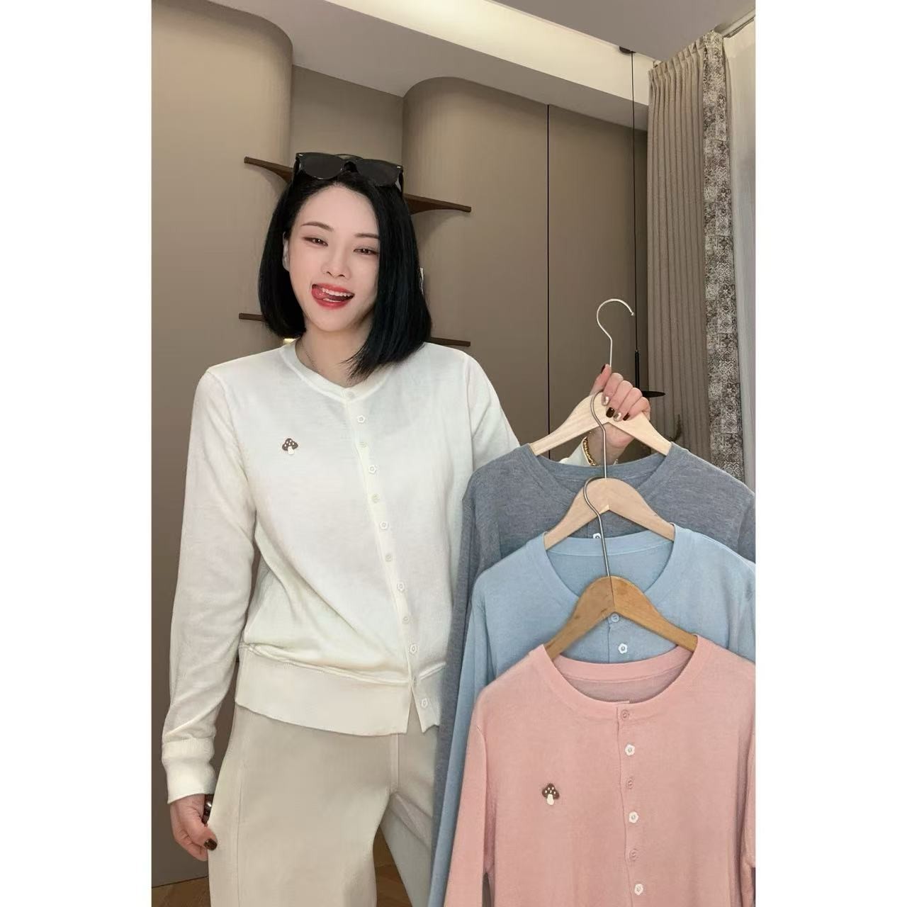 春季小蘑菇花朵纽扣时尚休闲百搭长袖针织开衫6-2-27