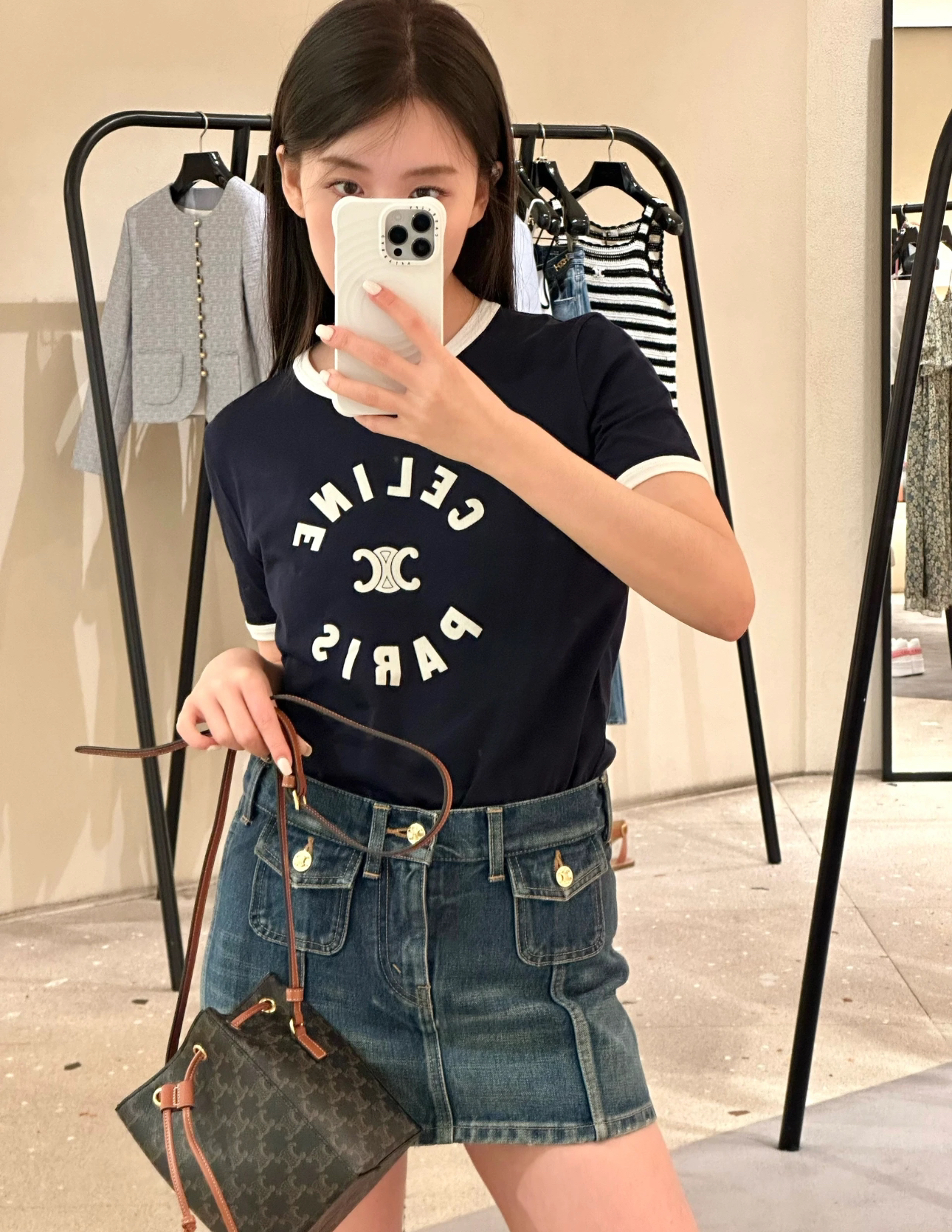 未使用 Celine/思琳 pp14510323 藏青色字母logo白色包边短袖 l