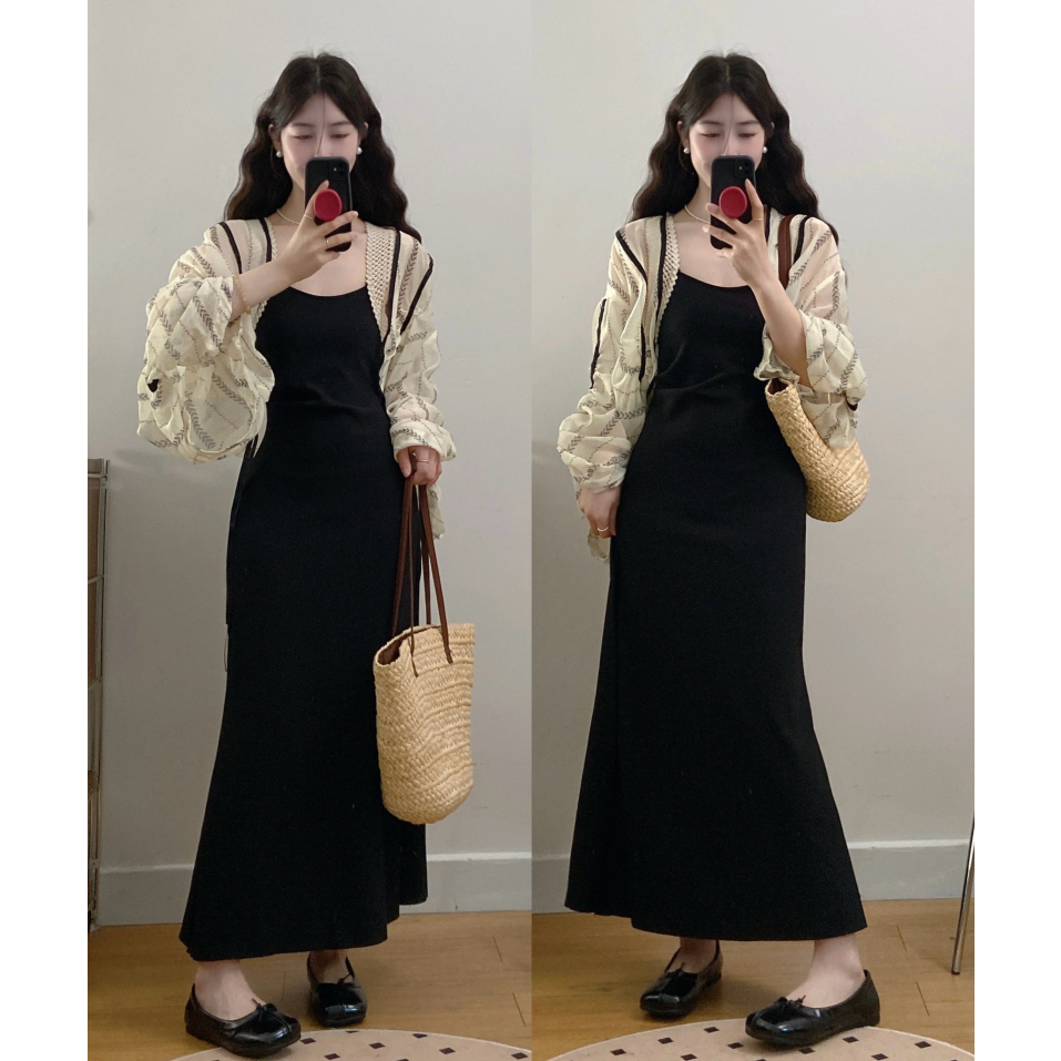 2025春装新款大码温柔风防晒披肩+显瘦吊带裙两件套