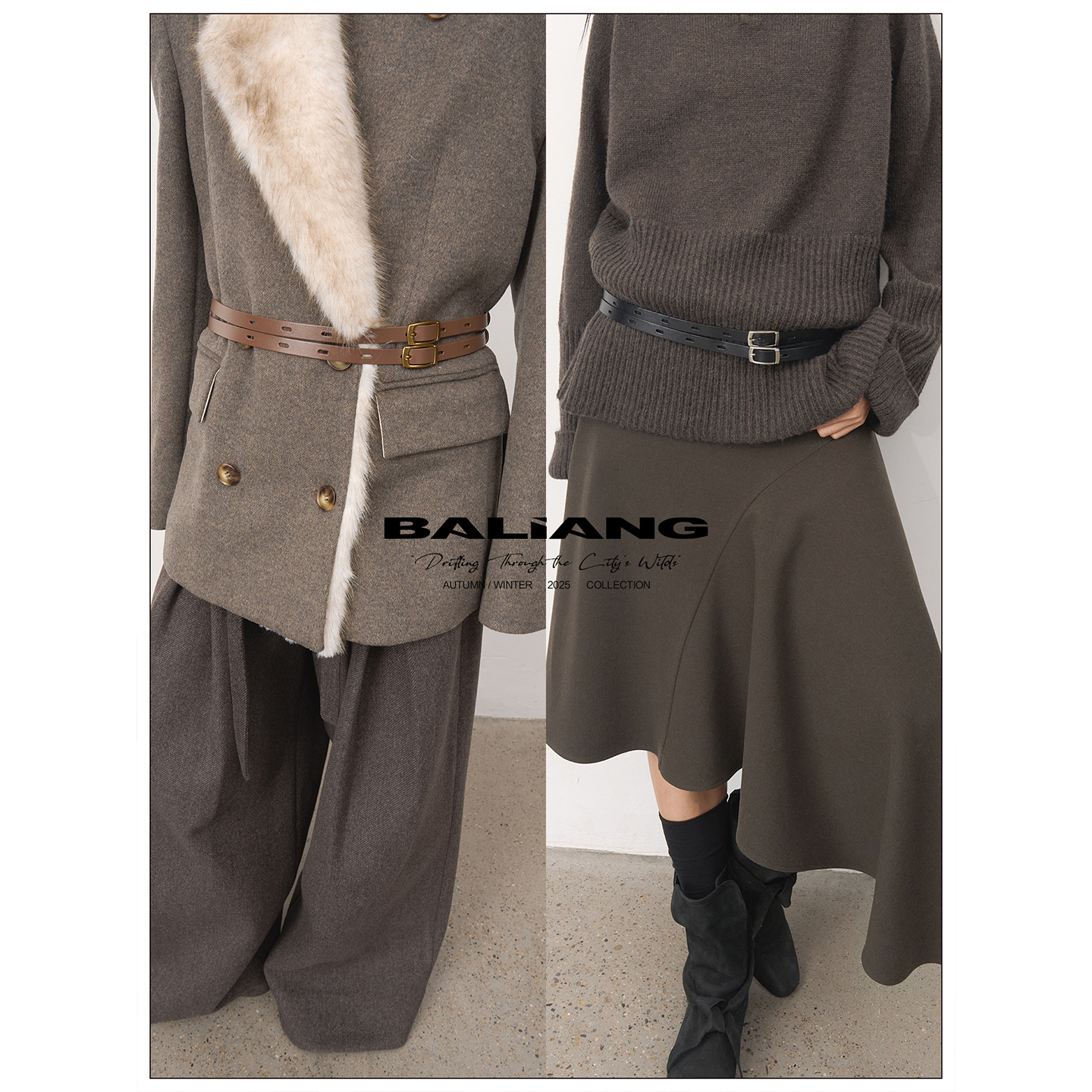 BALIANG「捌樑」 璃'Glaze' 双腰头复古金属扣头牛皮宽腰带皮带