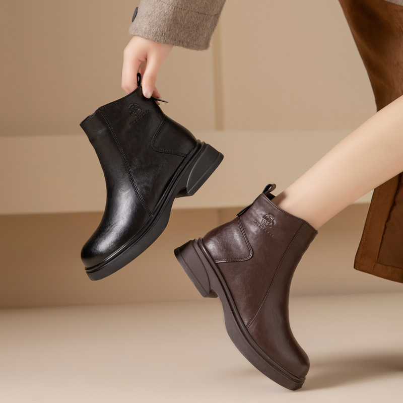 妈妈鞋棉鞋女秋冬季加绒靴子中年软底短靴中跟皮鞋保暖中老年女鞋