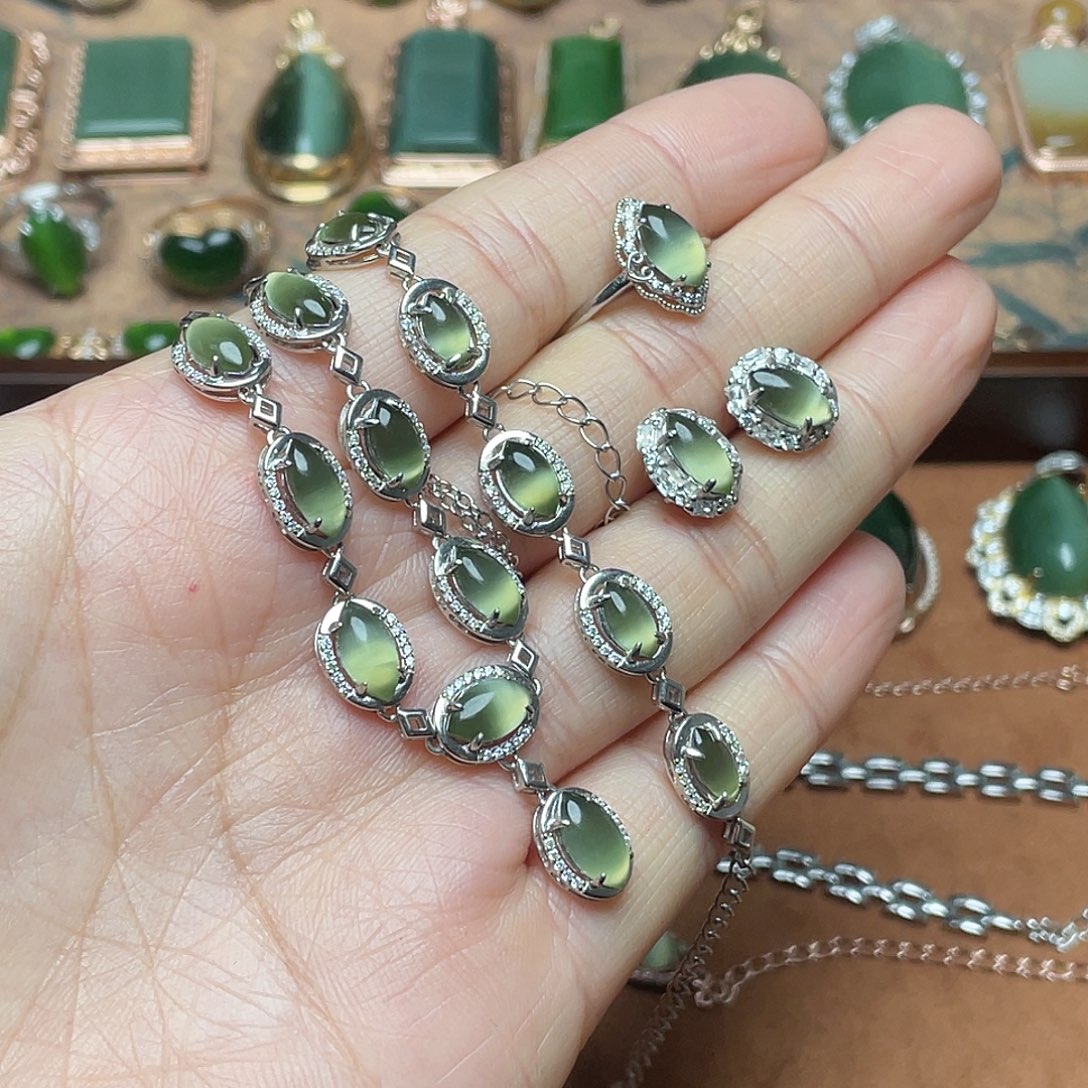 和田玉（碧玉）银S925镶嵌吊坠(不含链)套装