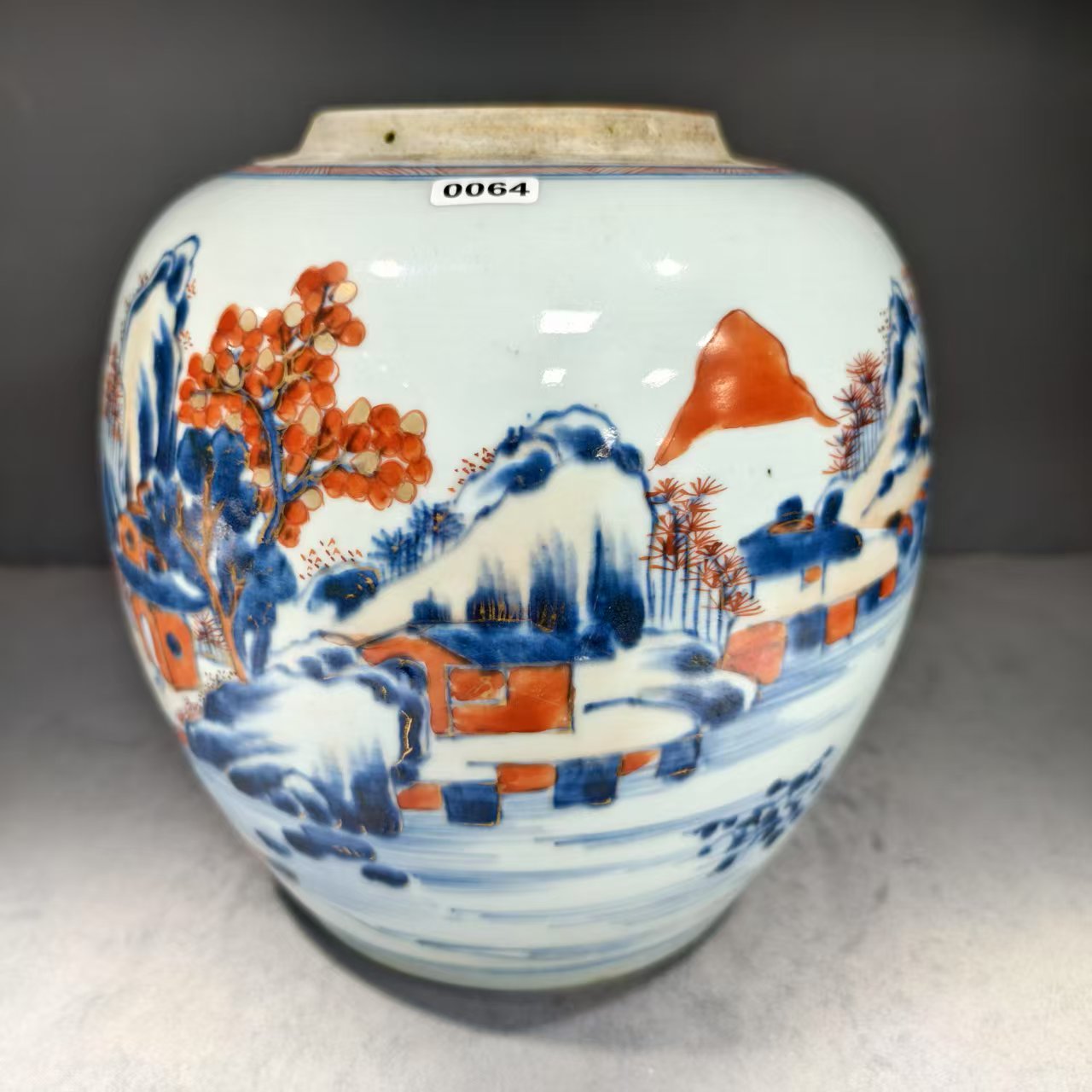 清康熙青花加彩山水罐0064