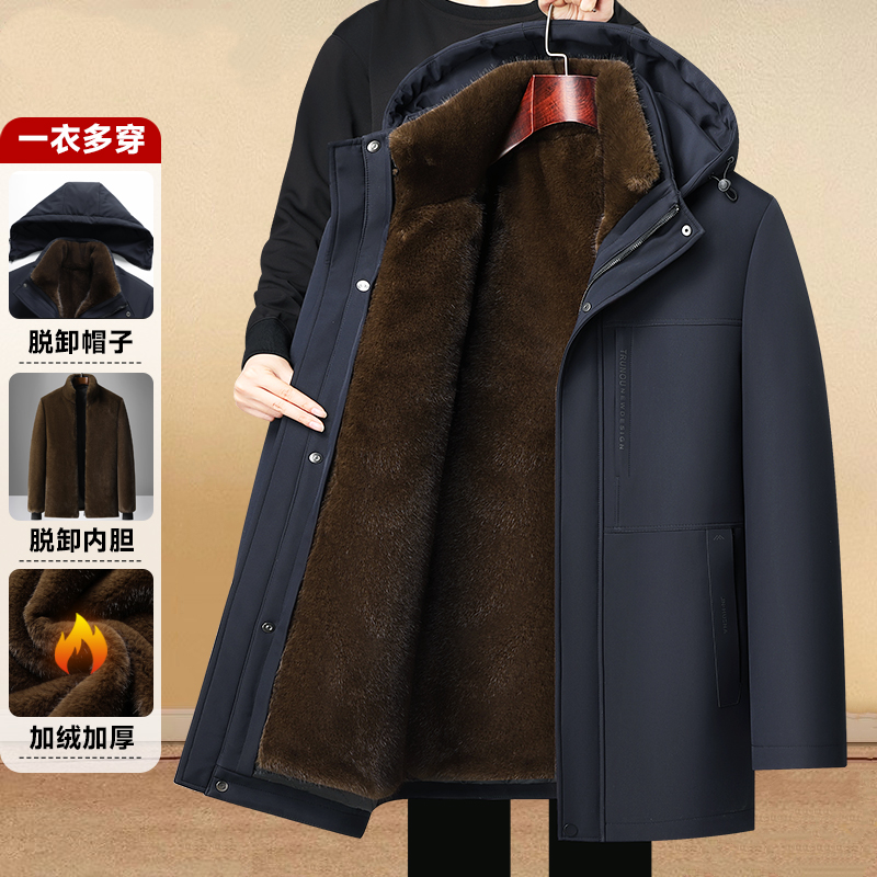 中老年男士加绒加厚棉衣爸爸冬装貂绒派克服中年连帽脱卸内胆棉袄