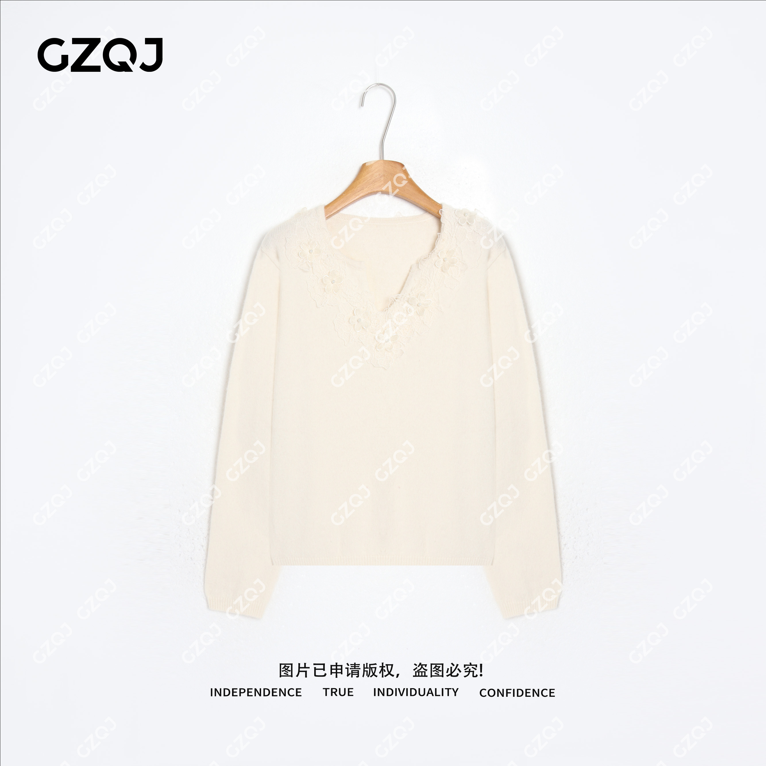 老琴私服【花眠雪】绵羊毛兔毛法式气质剪刀领蕾丝拼接针织衫冬7064