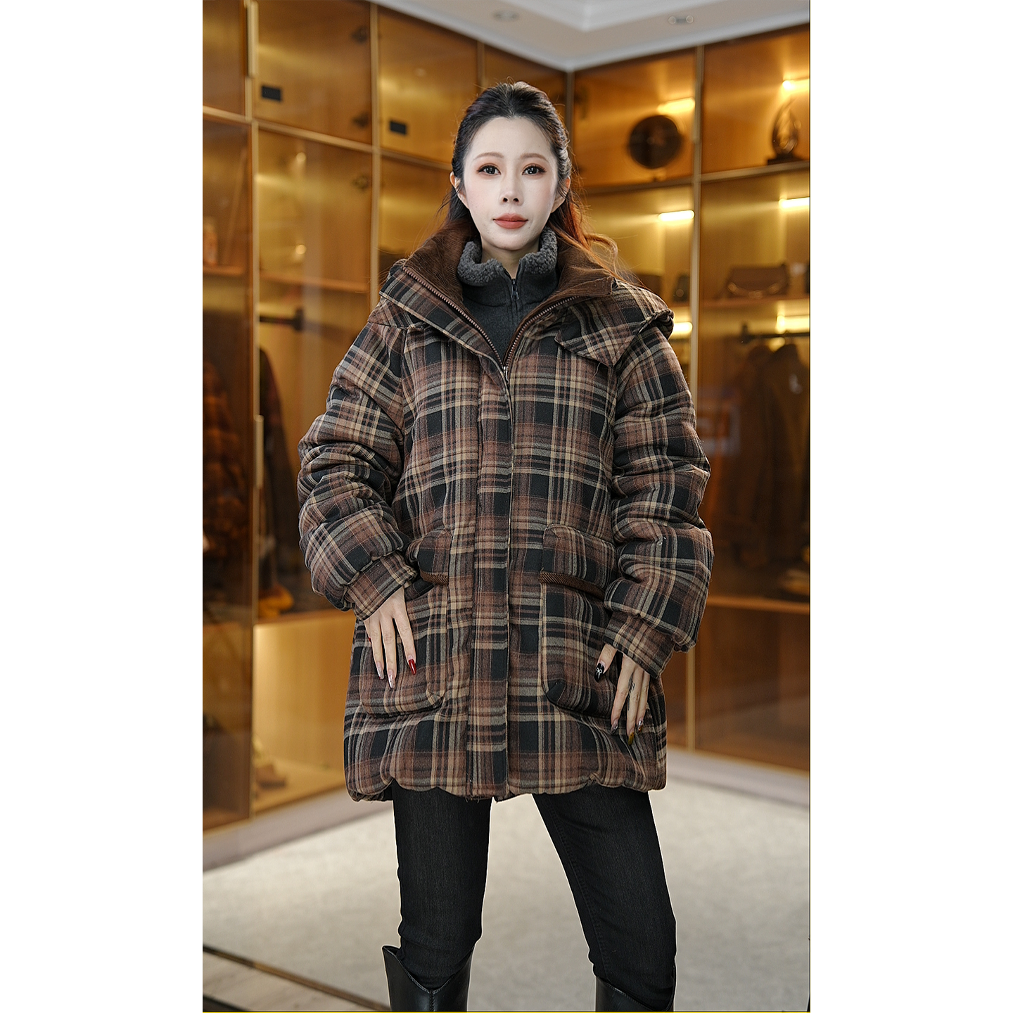 中长款休闲风连帽立领厚款棉衣女休闲棉服25120101