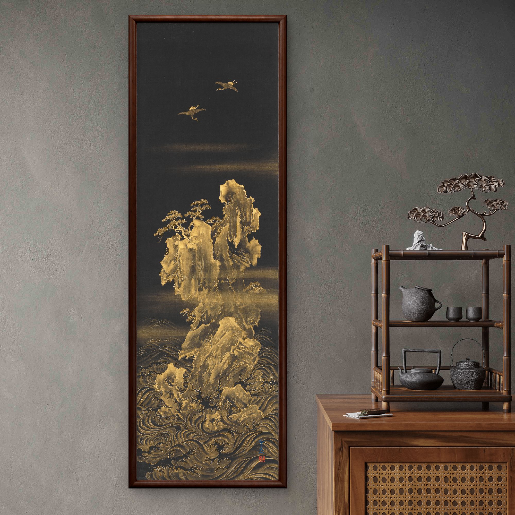 9256-40*120龟鹤延年图松鹤图中式装饰画实木玄关书房