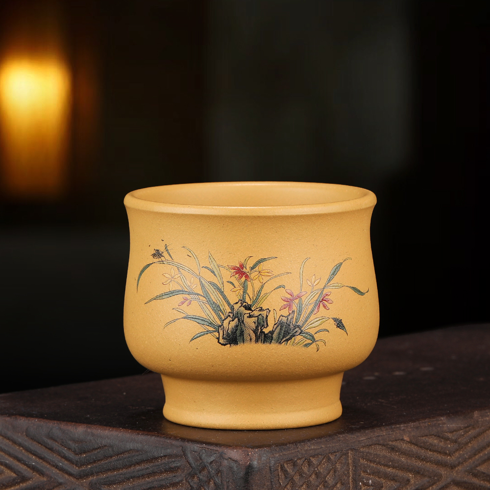 原矿紫砂主人杯  黄金段  珐琅彩  兰草