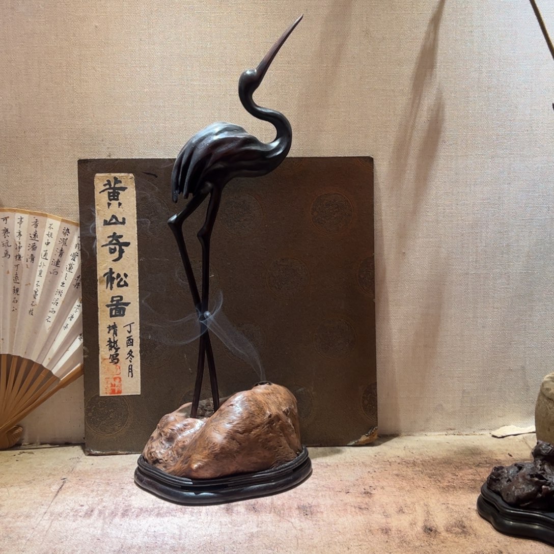 走***人柏木根雕仙鹤香炉仙鹤