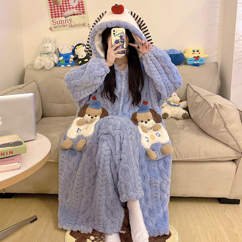 珊瑚绒睡衣女士冬季加绒加厚法兰绒家居服甜美宽松少女套装可外穿