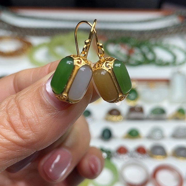 和田玉银S925镶嵌耳饰颜色多样性发货