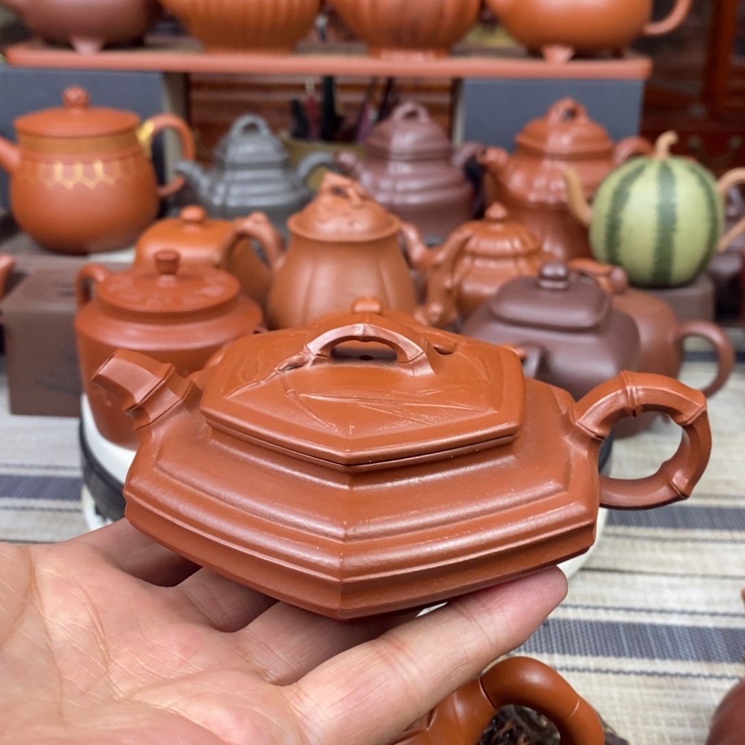 紫砂茶壶六方扁竹150CC原矿赵庄朱泥