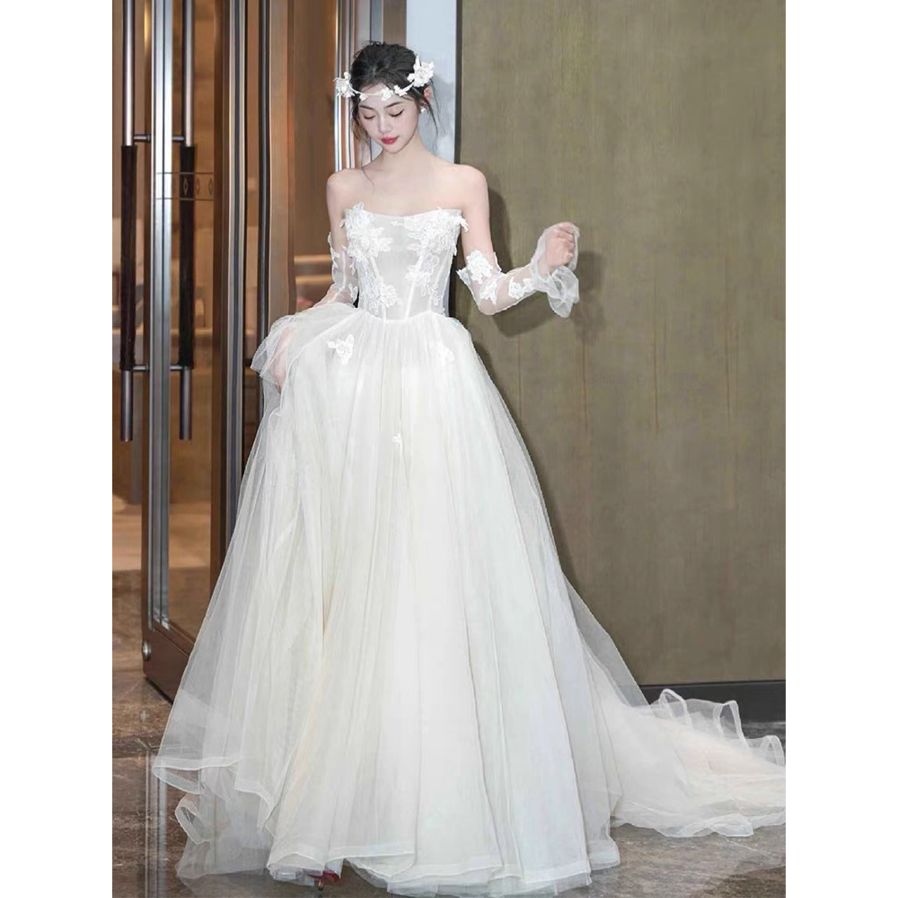 轻盈感纱雾浪漫仙系抹胸公主新娘法式复古婚纱礼服白色晨袍敬酒服