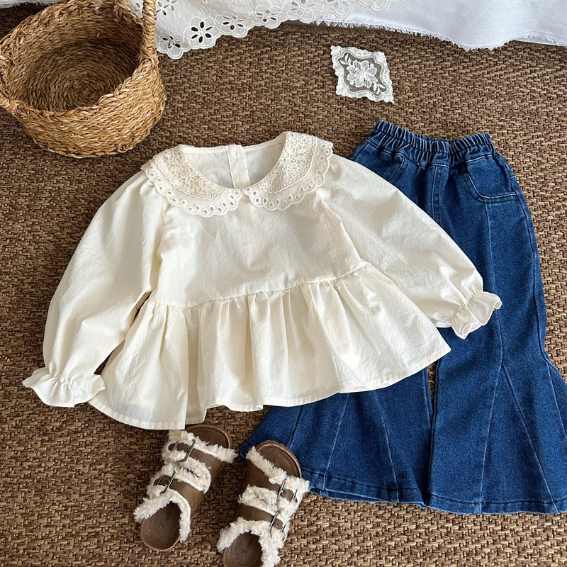 25秋季新品儿童花边领甜美纯色荷叶边衬衣女童宝宝长袖娃娃衫洋气
