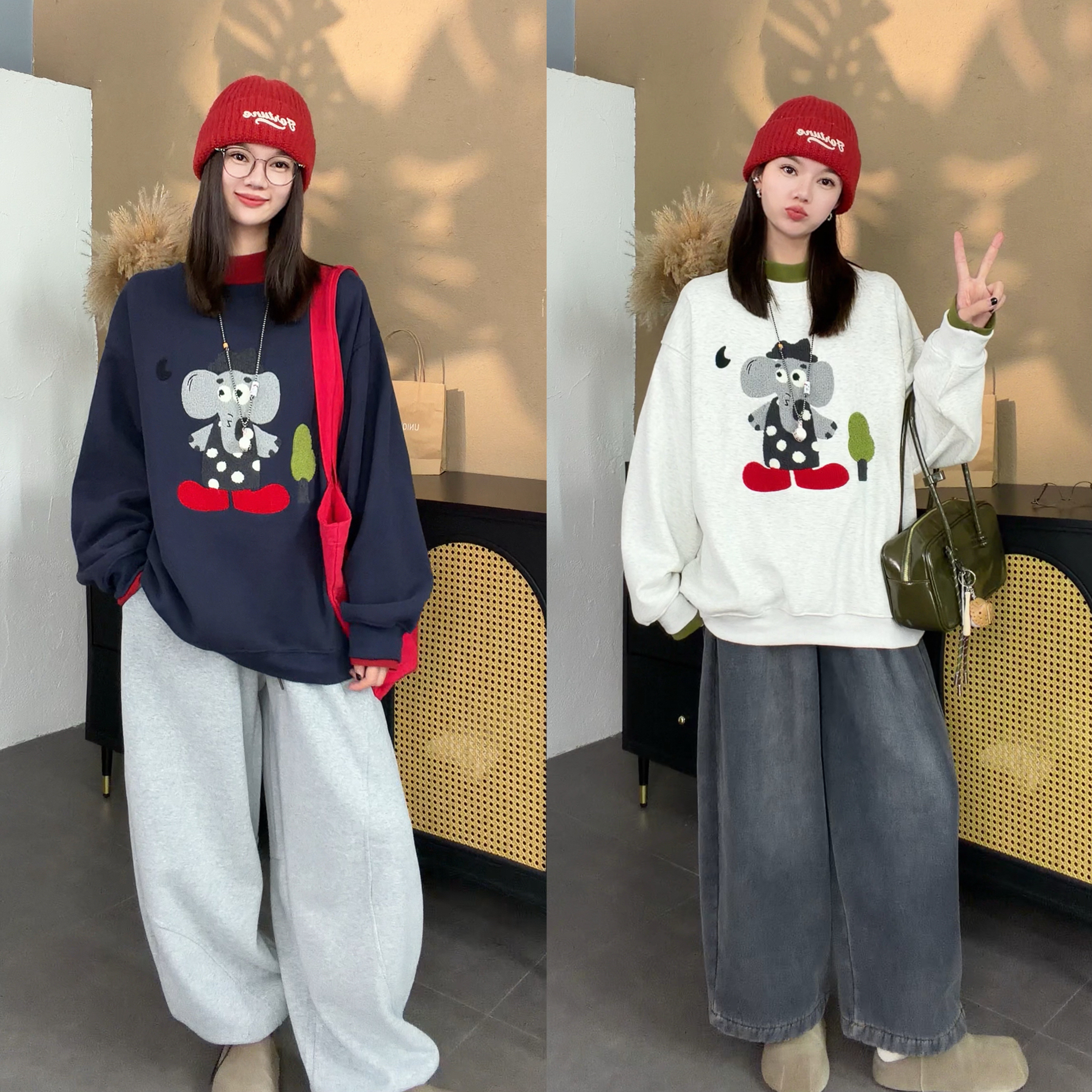 【SI MO】9816韩系慵懒重工毛线绣卡通大象加宝宝绒卫衣