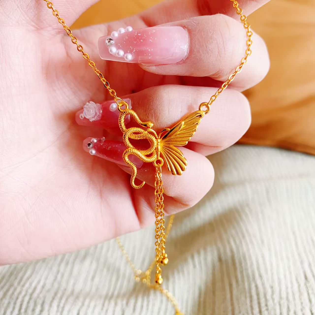 坠链均足银 灵蛇蝴蝶锁骨链女蛇年本命年饰品新中式复古百搭新年