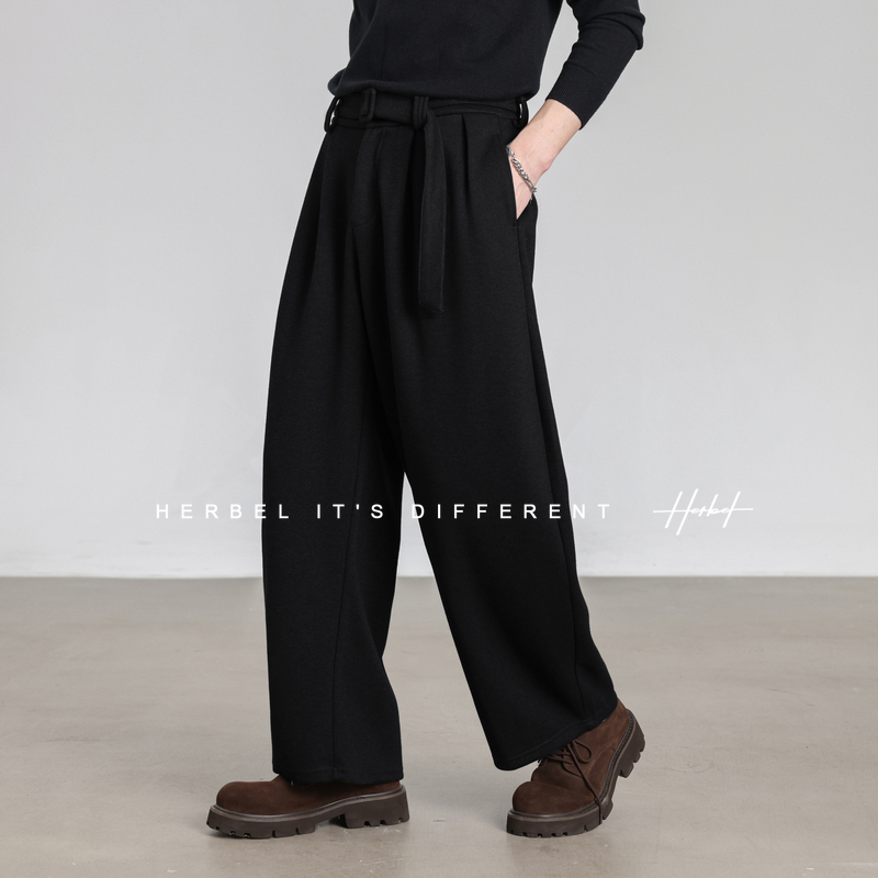 HERBEL/黑白2025冬季羊毛醋酸混纺男士直筒裤高腰百搭休闲长裤