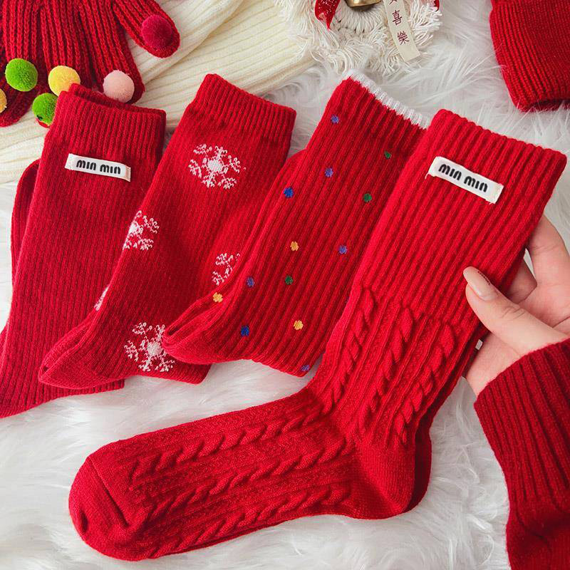 【亲子袜】T红袜子女长袜本命年秋冬配鲨鱼裤新年长筒红色中筒袜