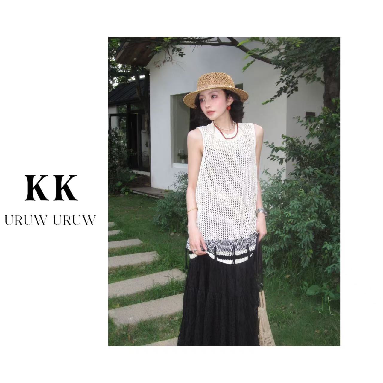 柯柯 【留白生活】干爽透气挑空撞色镂空针织手工流背心k064