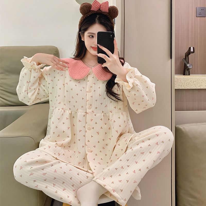 秋冬空气棉月子服孕妇纯棉10月11产后哺乳喂奶夹棉待产睡衣家居服