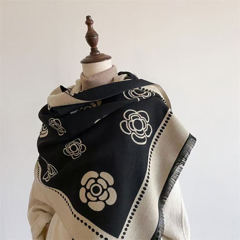 经典山茶花围巾女士装饰双面披肩长款提花百搭保暖围脖