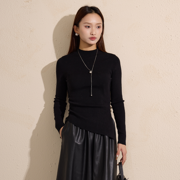 西町村屋简约风针织衫女装2025冬季新款抽绳百搭打底衫XHAD10211