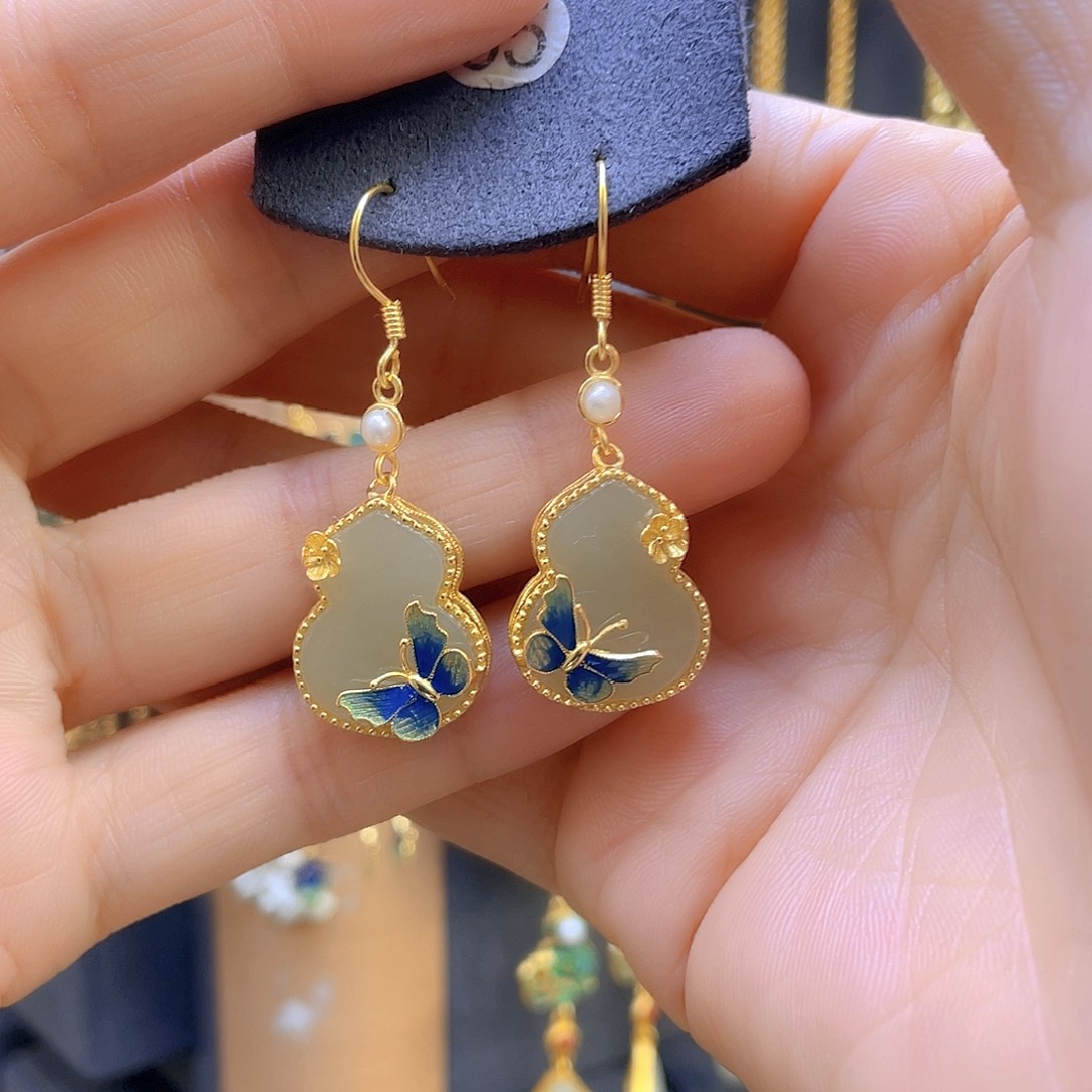 和田玉耳饰银S925镀金镶嵌