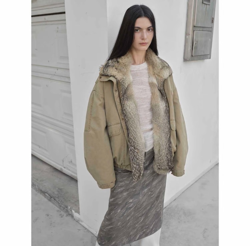 DINHEY  进口狐狸毛领90白鹅绒牛仔派克服女皮草外套短款可脱卸