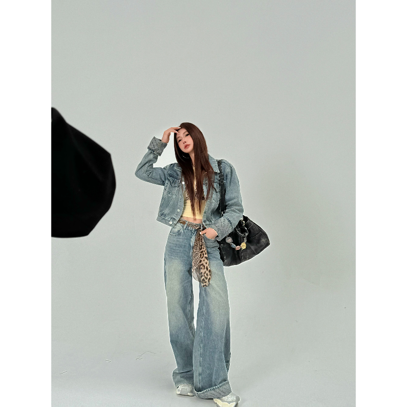 婉君【大王字母外套】美式复古高街宽松牛仔长裤LWJ25A1TZ291