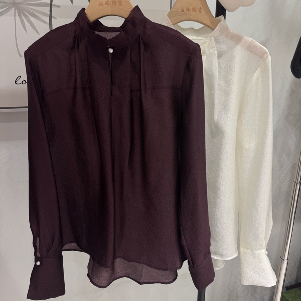 “雾綃”立领花纹轻薄简约高级人丝衬衫32248