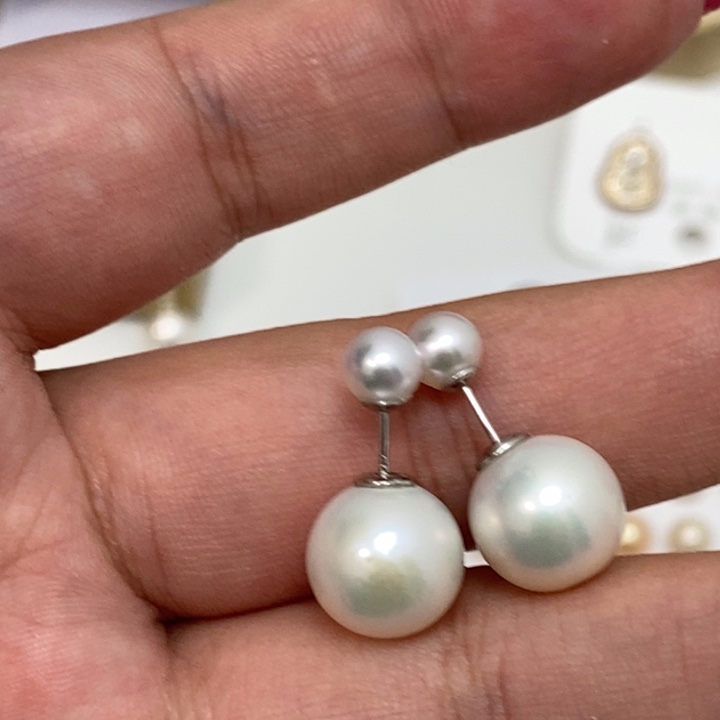银S925镶嵌淡水珍珠迪家双珠耳钉5-10.8m