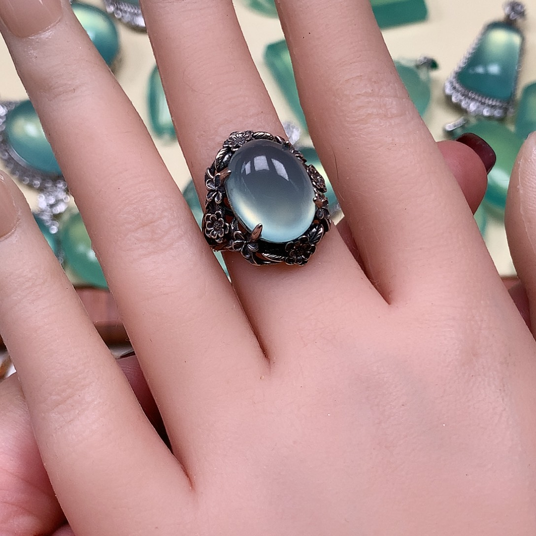 打****蛇纹石玉银S925镶嵌戒指