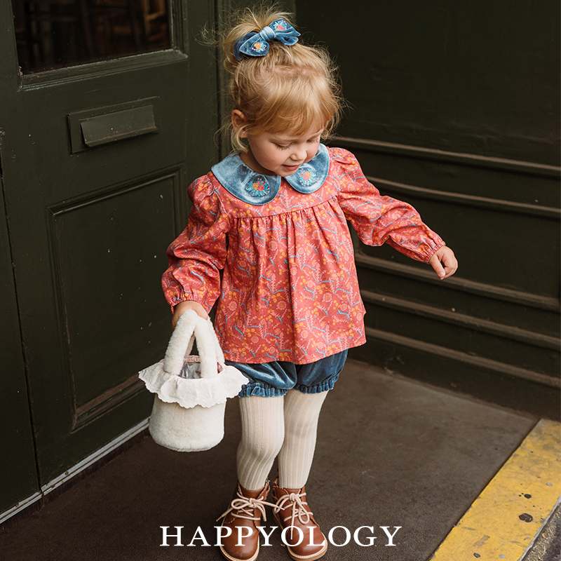 Happyology英国儿童秋冬新款童装上衣撞色丝绒女童绣花领发饰发夹