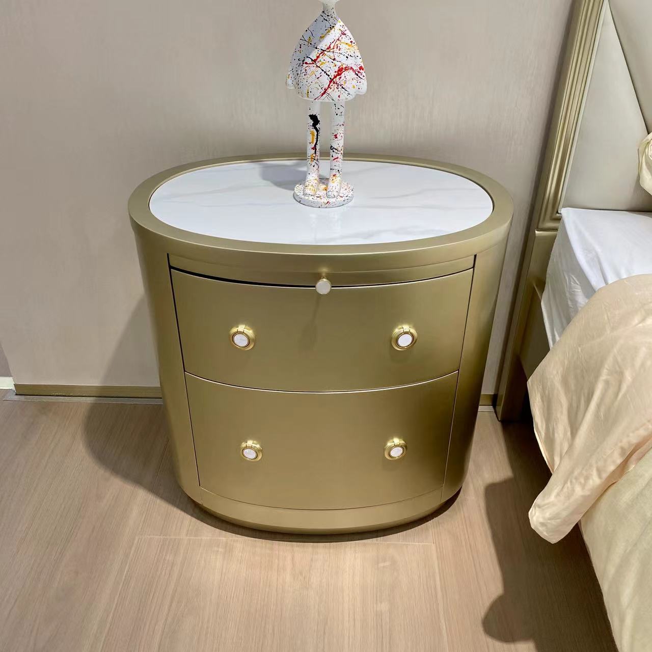 美式轻奢实木椭圆床头柜高级家用床边小柜子储物卧室床边柜FB09