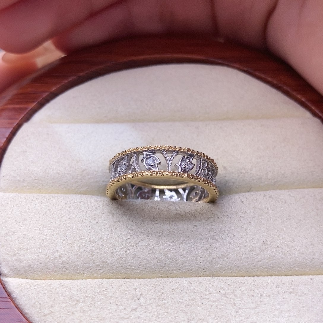 钻石戒指/指环18K金镶嵌树叶镂空黄白拼色戒指14