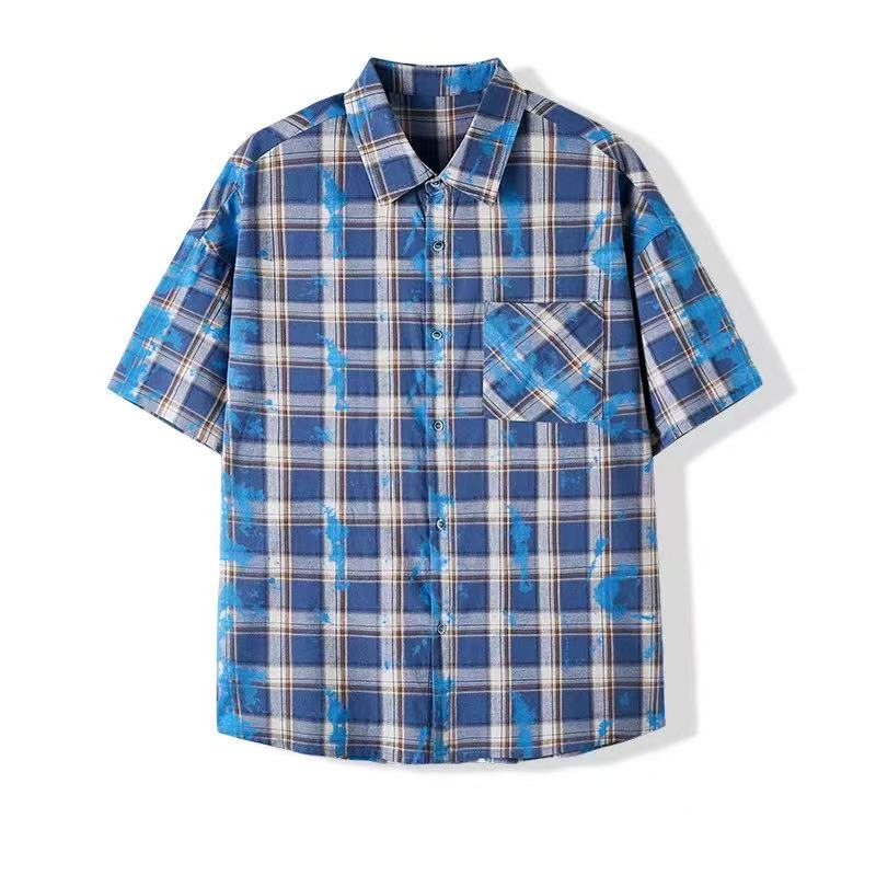 情侣水洗棉夏季竖条纹宽松格纹衬衫女复古休闲衬衣短袖格子上衣男