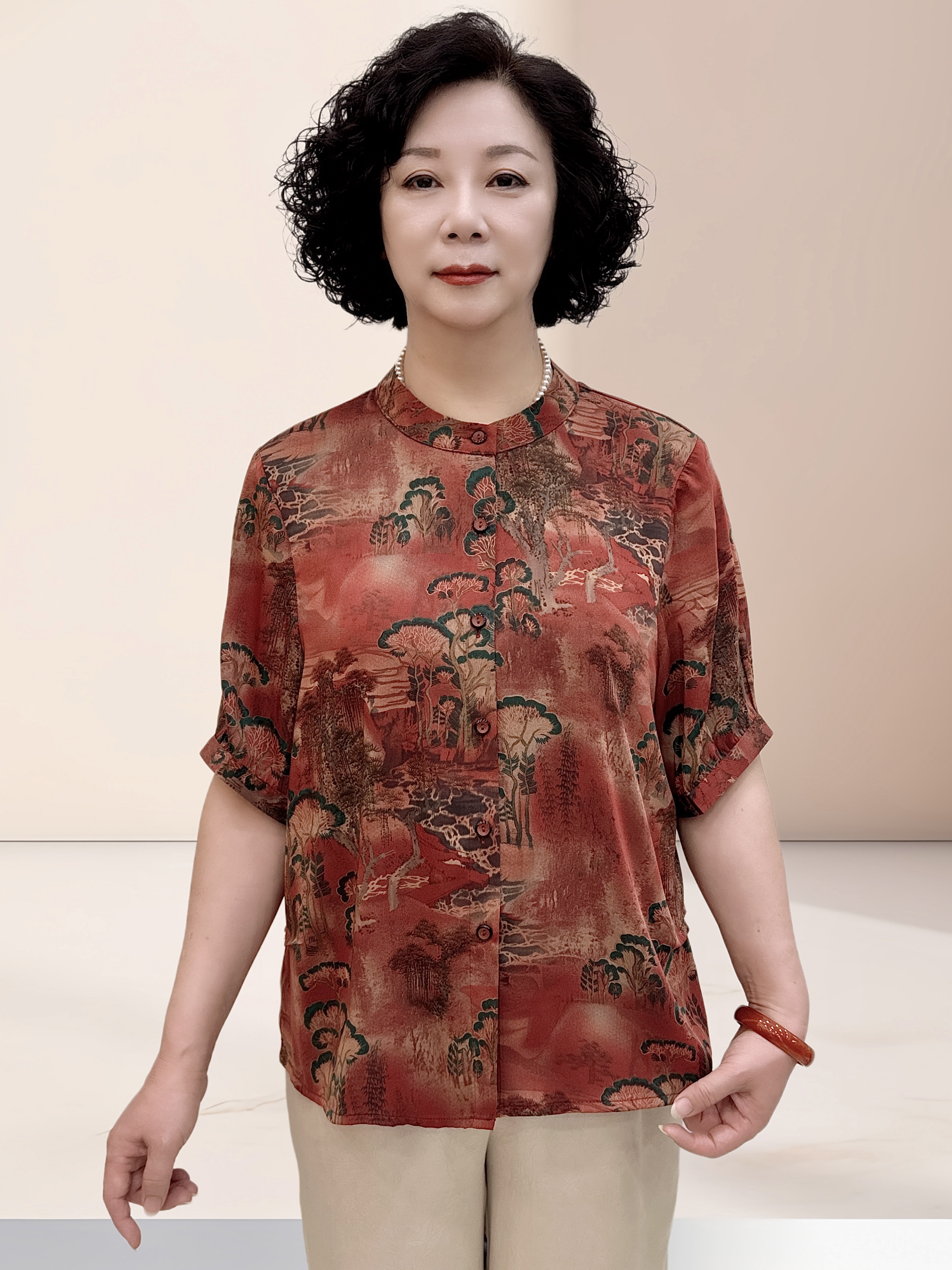 夏季气质妈妈装优雅国风半袖真开衫发财树宽松中老年时尚中式印花