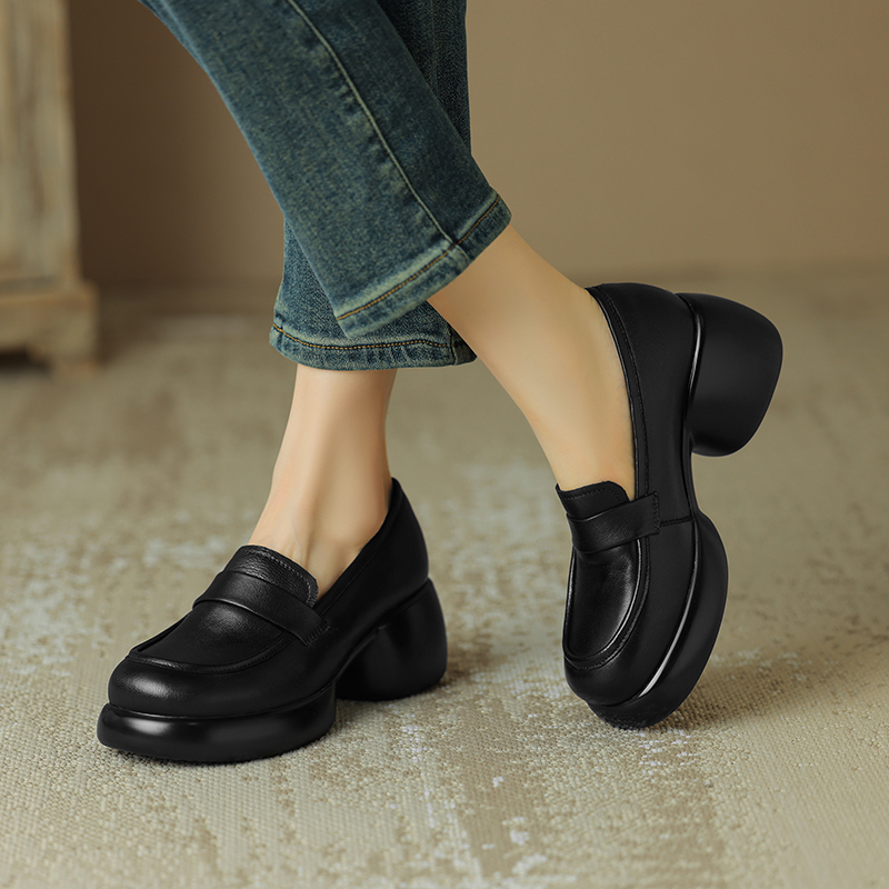 羊皮 跟高7cm 舒适圆头乐福鞋女