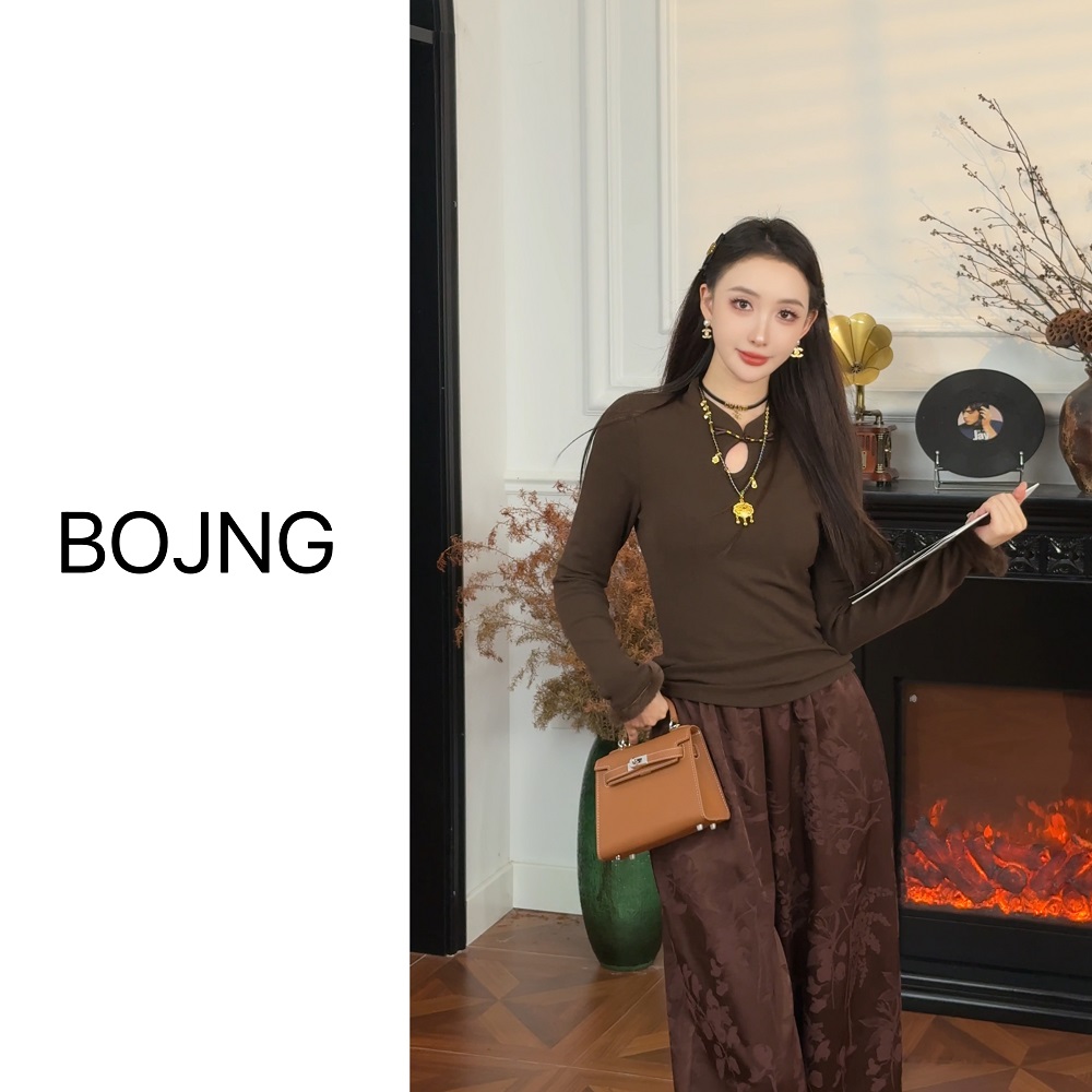 冬季领口镂空新中式拉绒加厚水貂毛长袖上衣