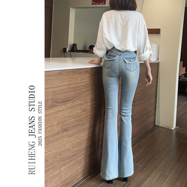 蜜桃臀喇叭裤新款高腰弹力微喇裤提臀牛仔裤女欧若风A6838