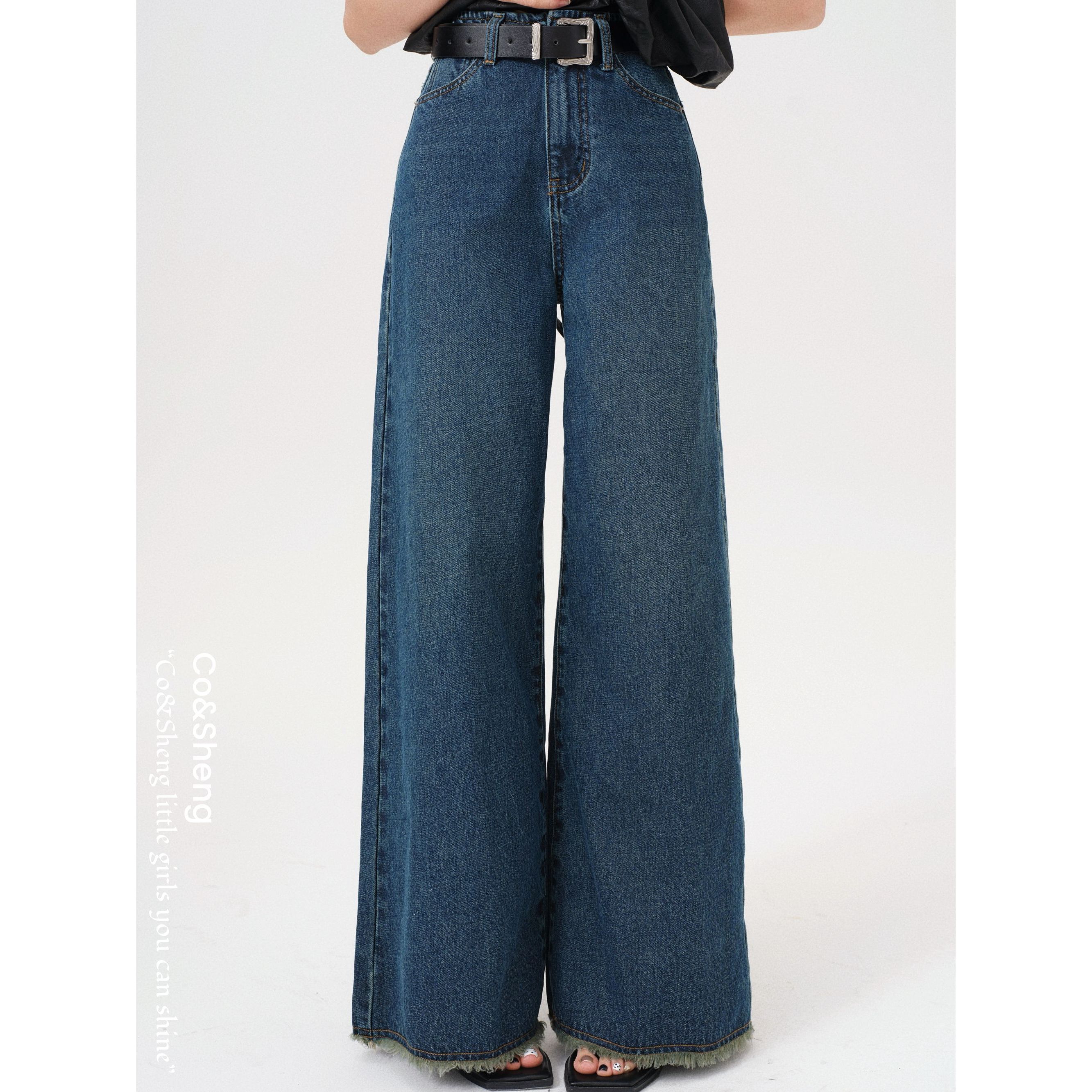 蔚蓝磨毛/重生小个子女款长裤秋季高腰设计感休闲百搭牛仔裤